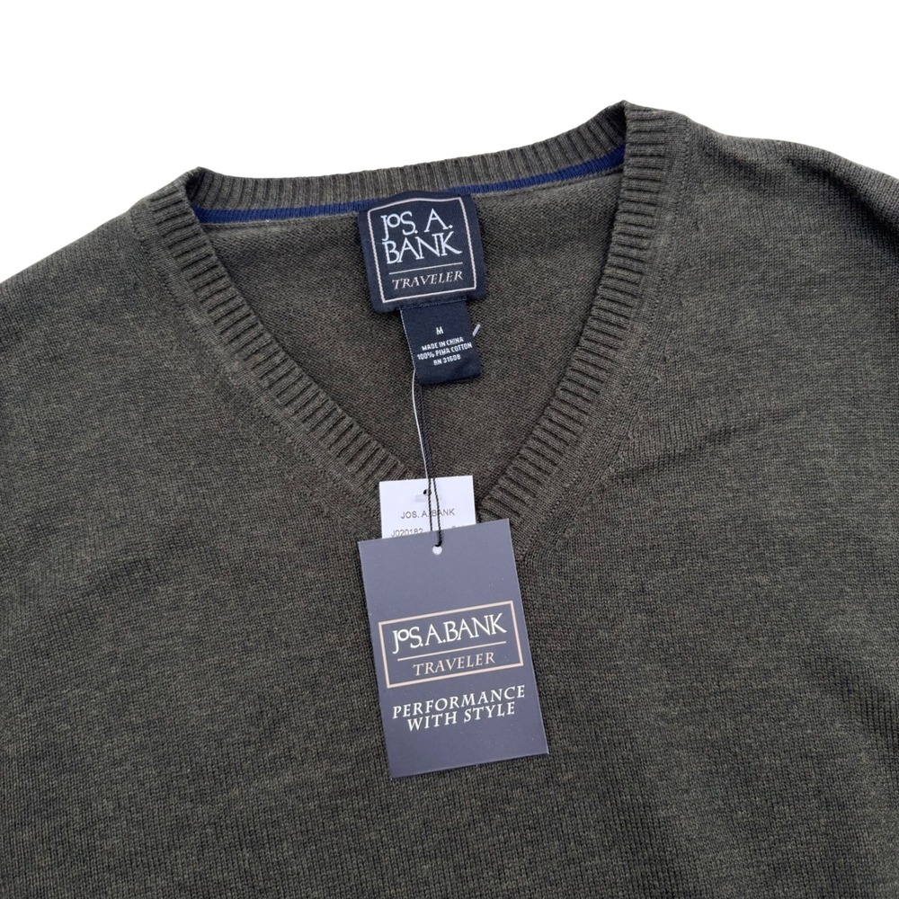 Jos A Bank Traveler Mens Medium Olive Green Pima Cotton V Neck Sweater
